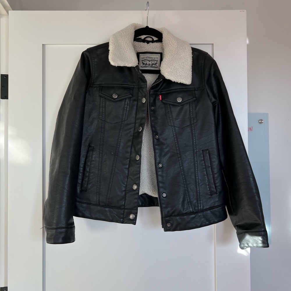 Levi's Black Leather Jacket with White Sherpa Collar